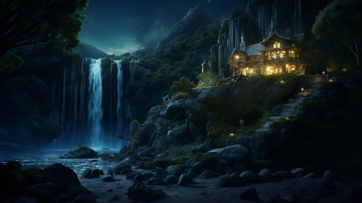 House on Hill with Enchanting Waterfall