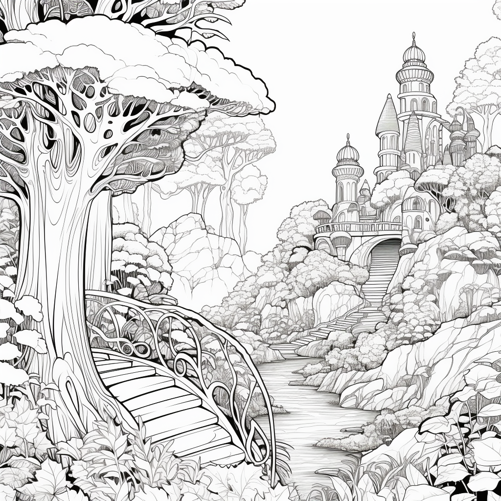 Black and white enchanted forest lineart