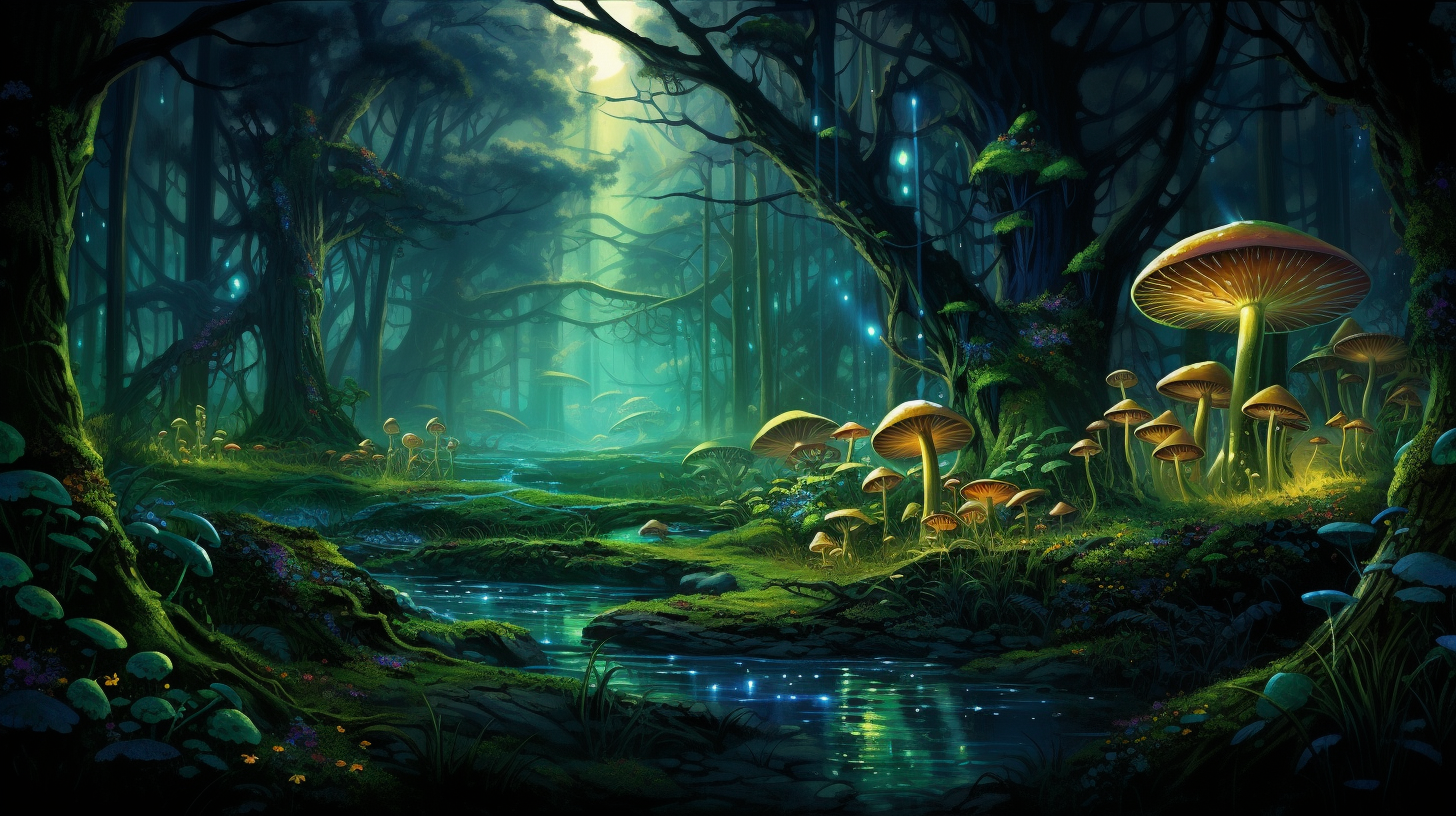 Vibrant enchanted forest mushroom scene