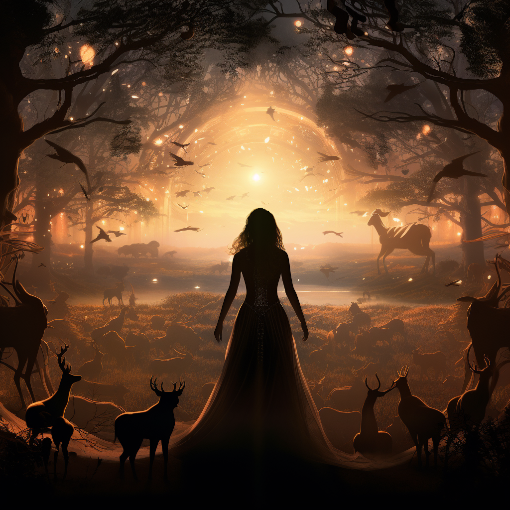 Princess silhouette in enchanted forest with animals and fairies