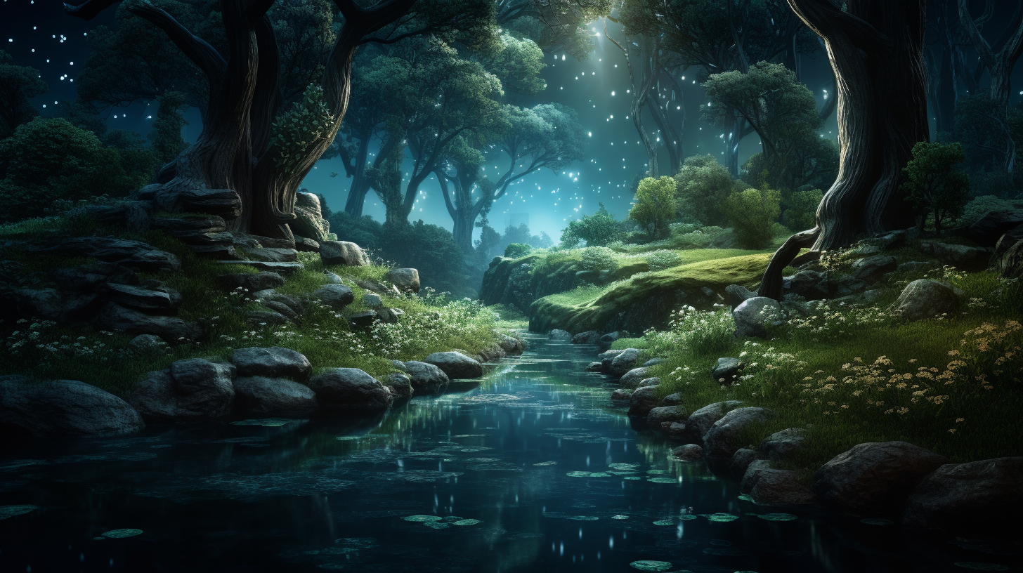 Enchanted forest with moonlit river