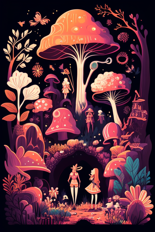 Enchanted Forest with Hallucinogenic Mushrooms and Fairies