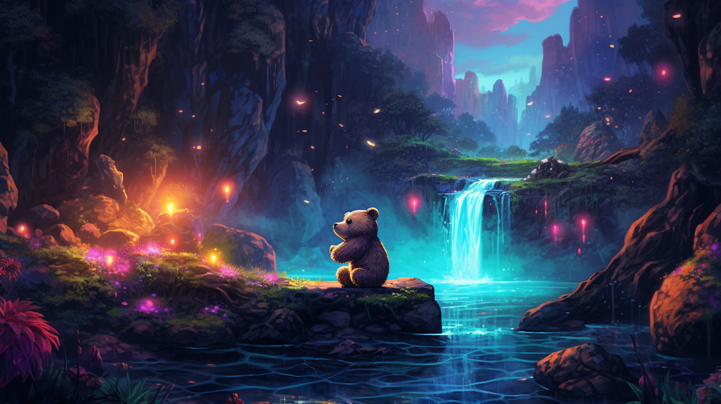 Teddy watching night waterfall in enchanted forest