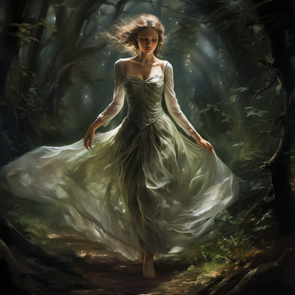 Woman running in enchanted forest