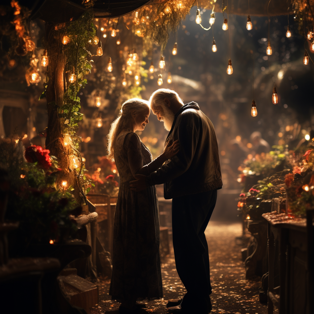 Elderly couple holding hands in enchanted garden