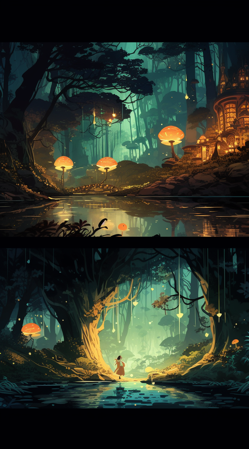 Enchanted forest with hidden animals and neon art