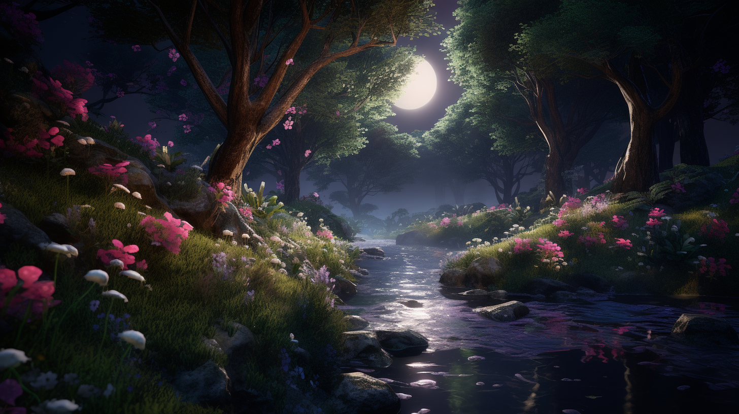 Enchanted forest with river and flowers