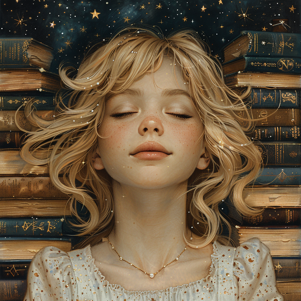 Blonde girl in enchanted book world