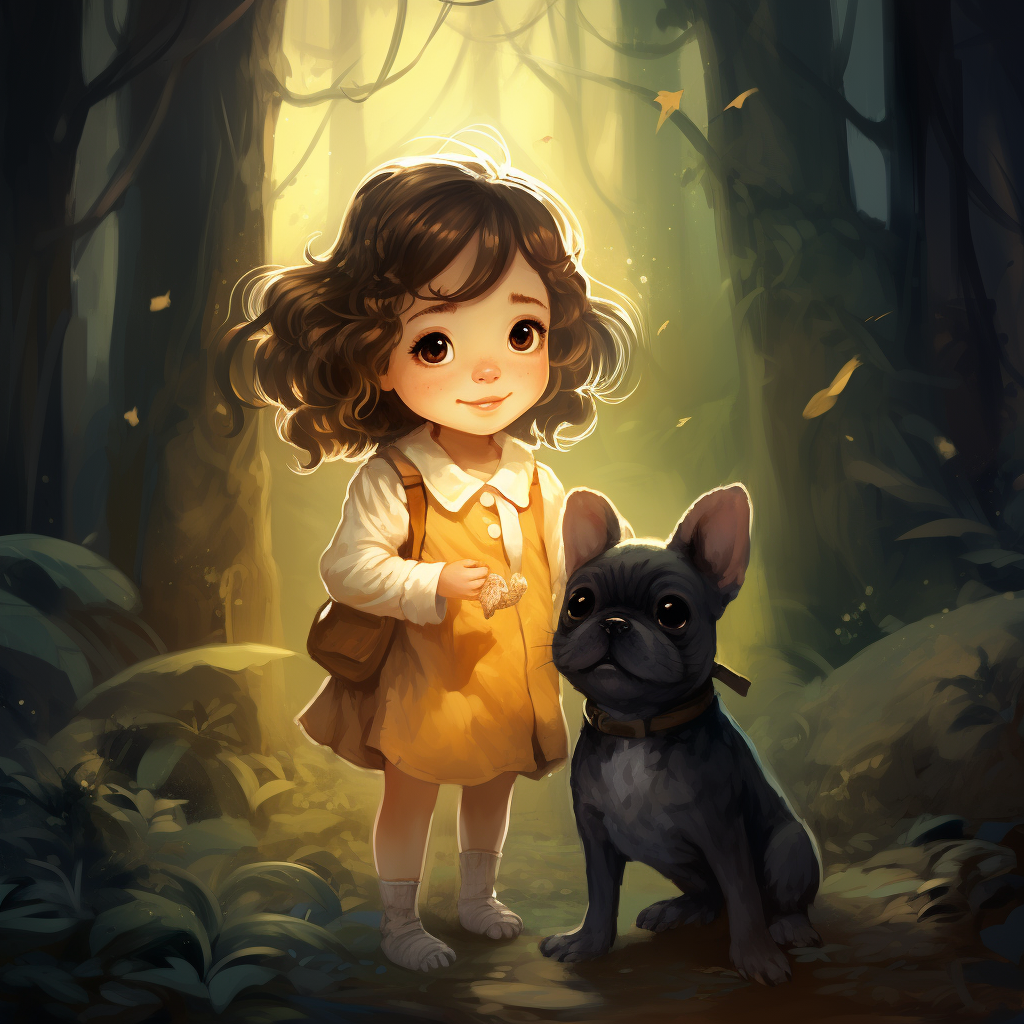 Little girl and French Bulldog in enchanted forest