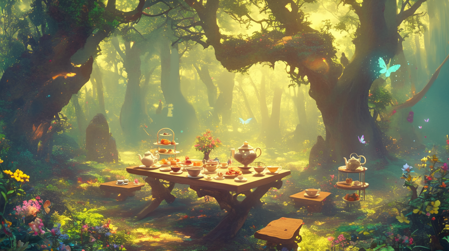 Whimsical tea party in forest