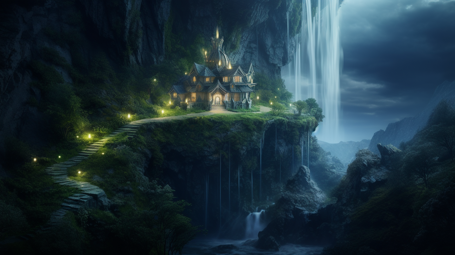 Picture of enchanted forest waterfall house