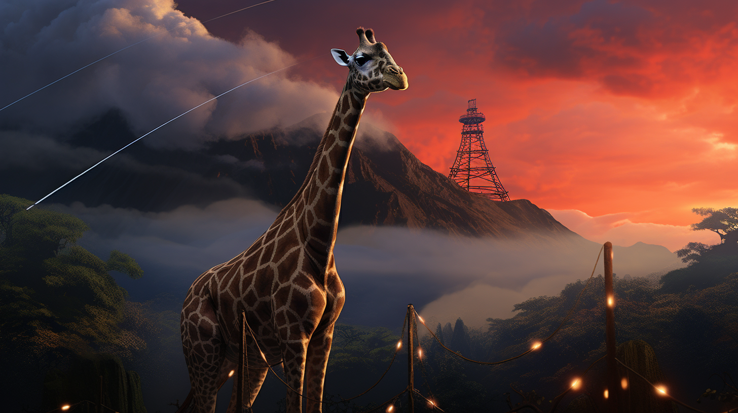 Enchanted giraffe with cellphone antennas and volcano