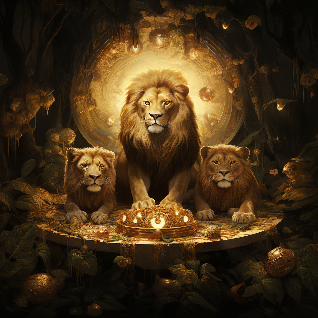 Three majestic lions surrounded by gold coins