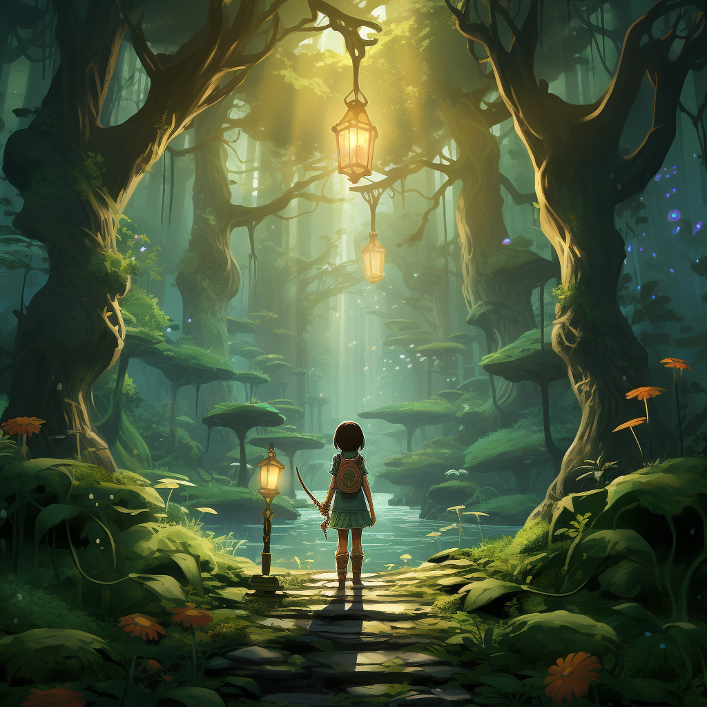 Brave protagonist navigating through enchanting landscapes