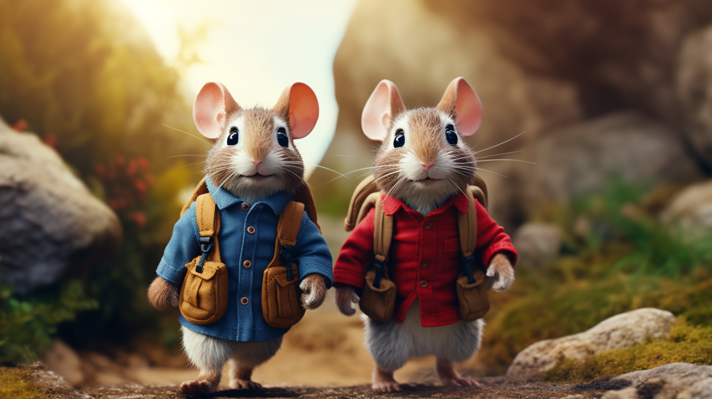 Mouse and rabbit exploring enchanted nature