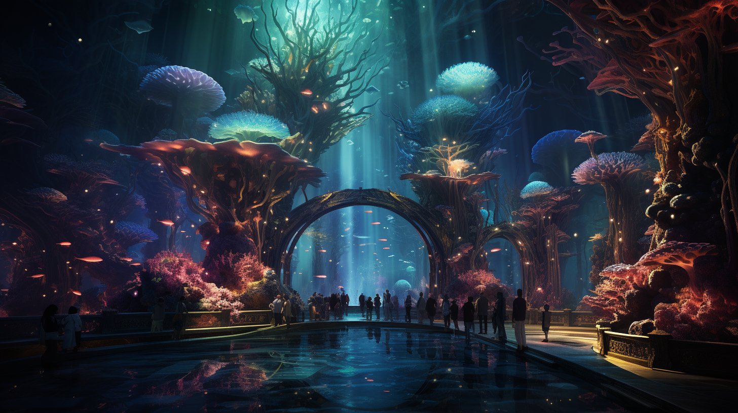 Serene underwater city with bioluminescent creatures