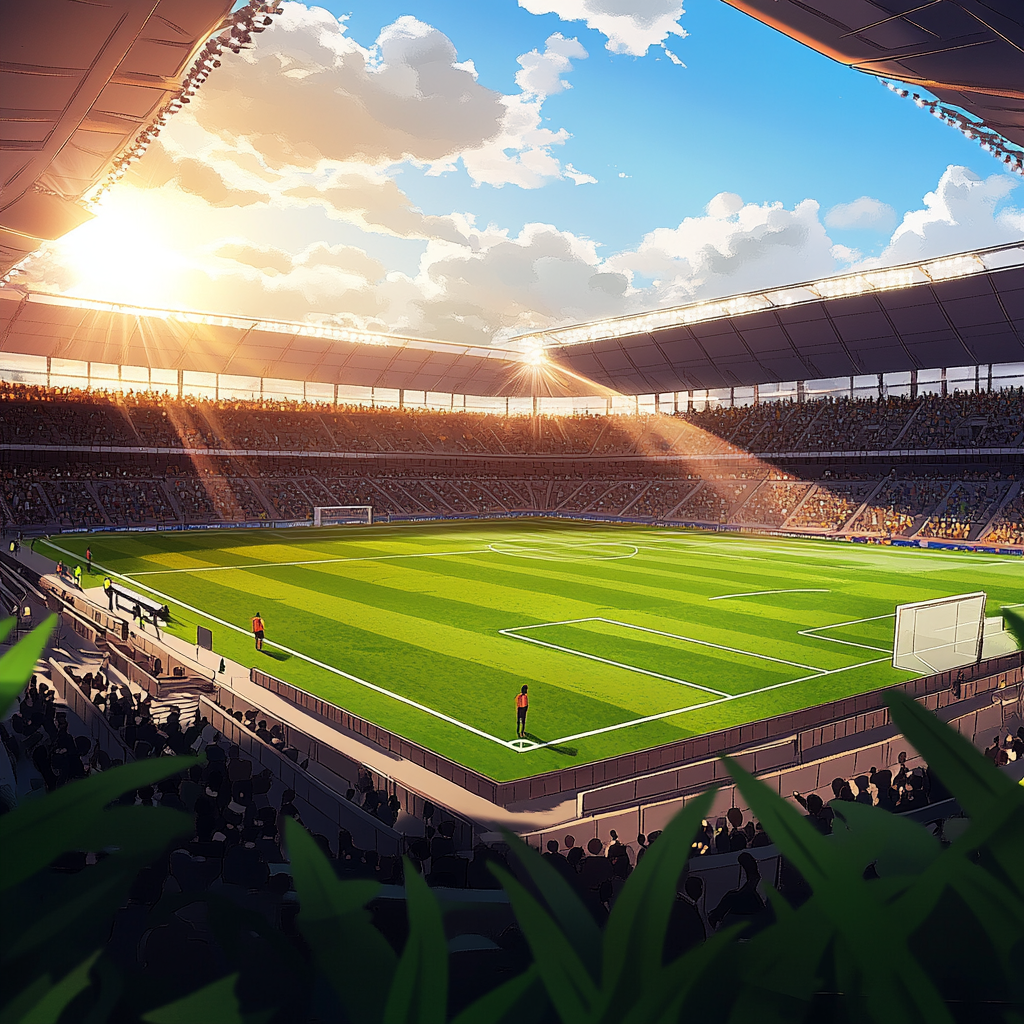 energetic football stadium on gameday with joyful atmosphere and colorful sun.