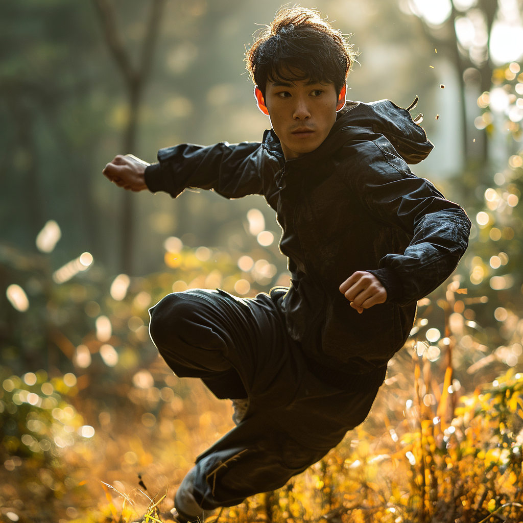 Fit Japanese actor in natural outdoor setting