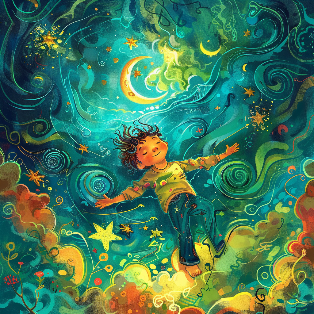 Cartoon toddler floating dreamlike scene