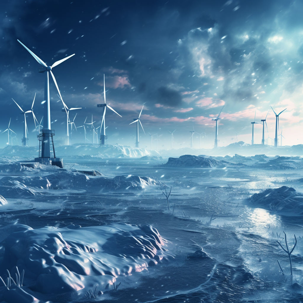 Energy Wind Mills in Frozen Sea