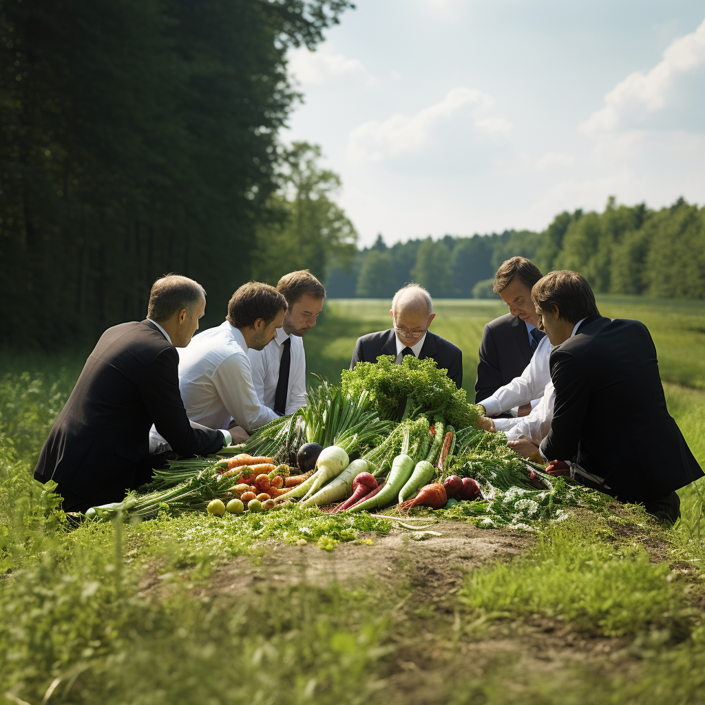 Energy managers discussing outside with vegetables