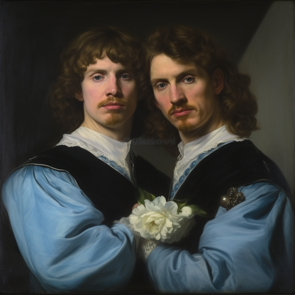 Portrait of two English gentlemen with curly brown hair holding a brown bottle