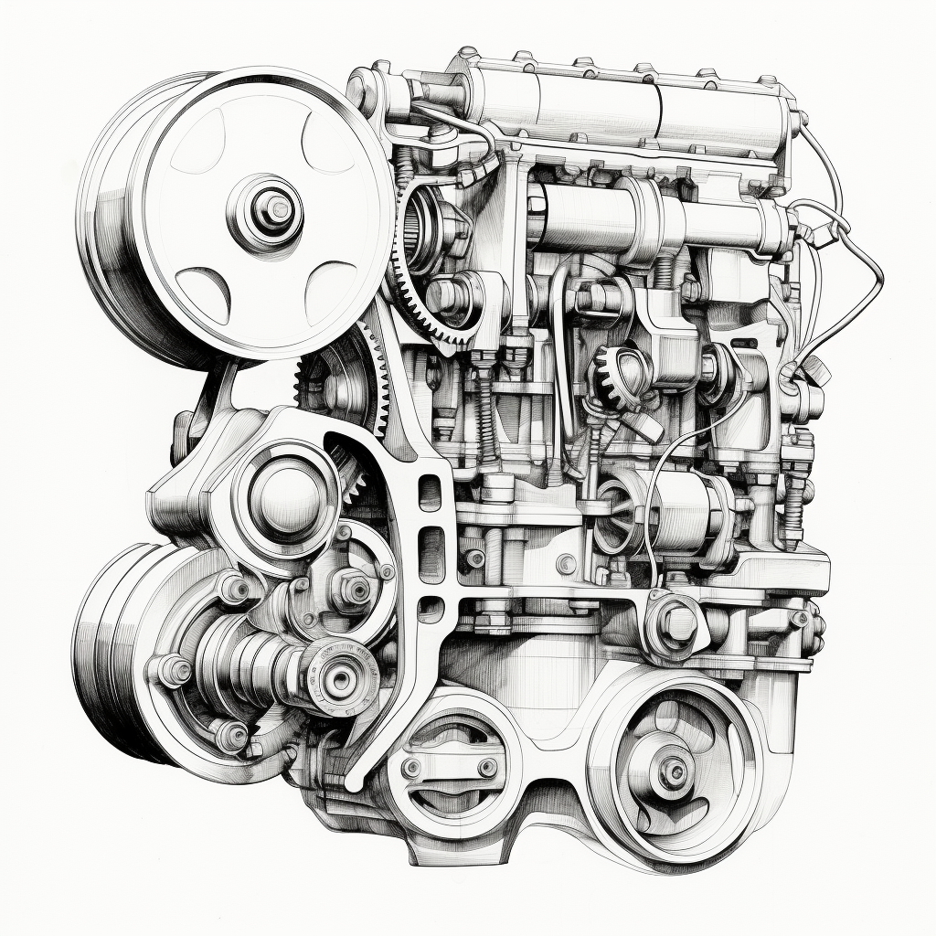 Black and white engine gears and piston drawing