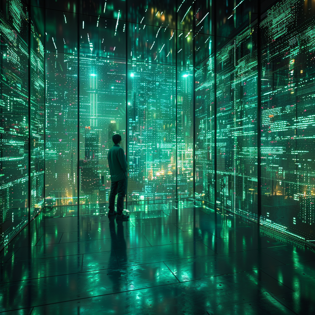 Engineer in holographic code-filled office