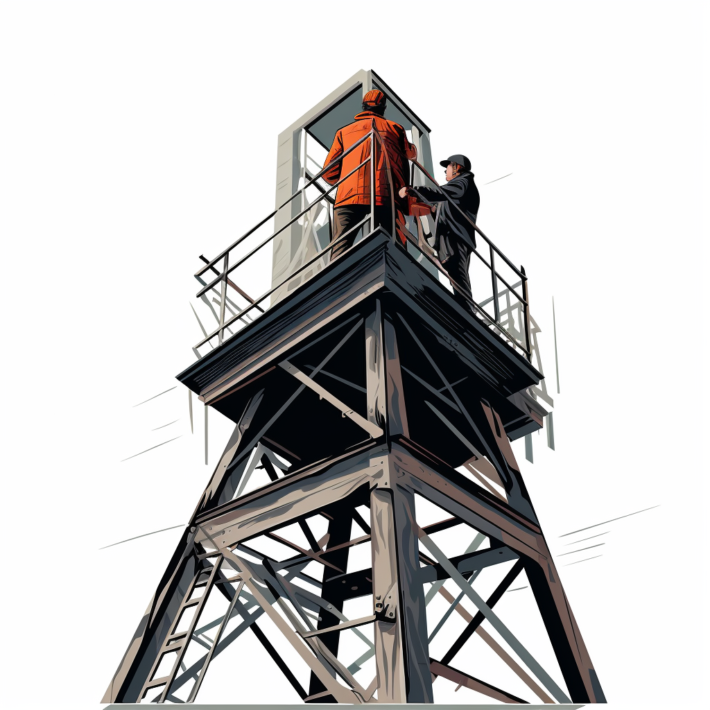 Engineer on Steel Tower Using Binoculars