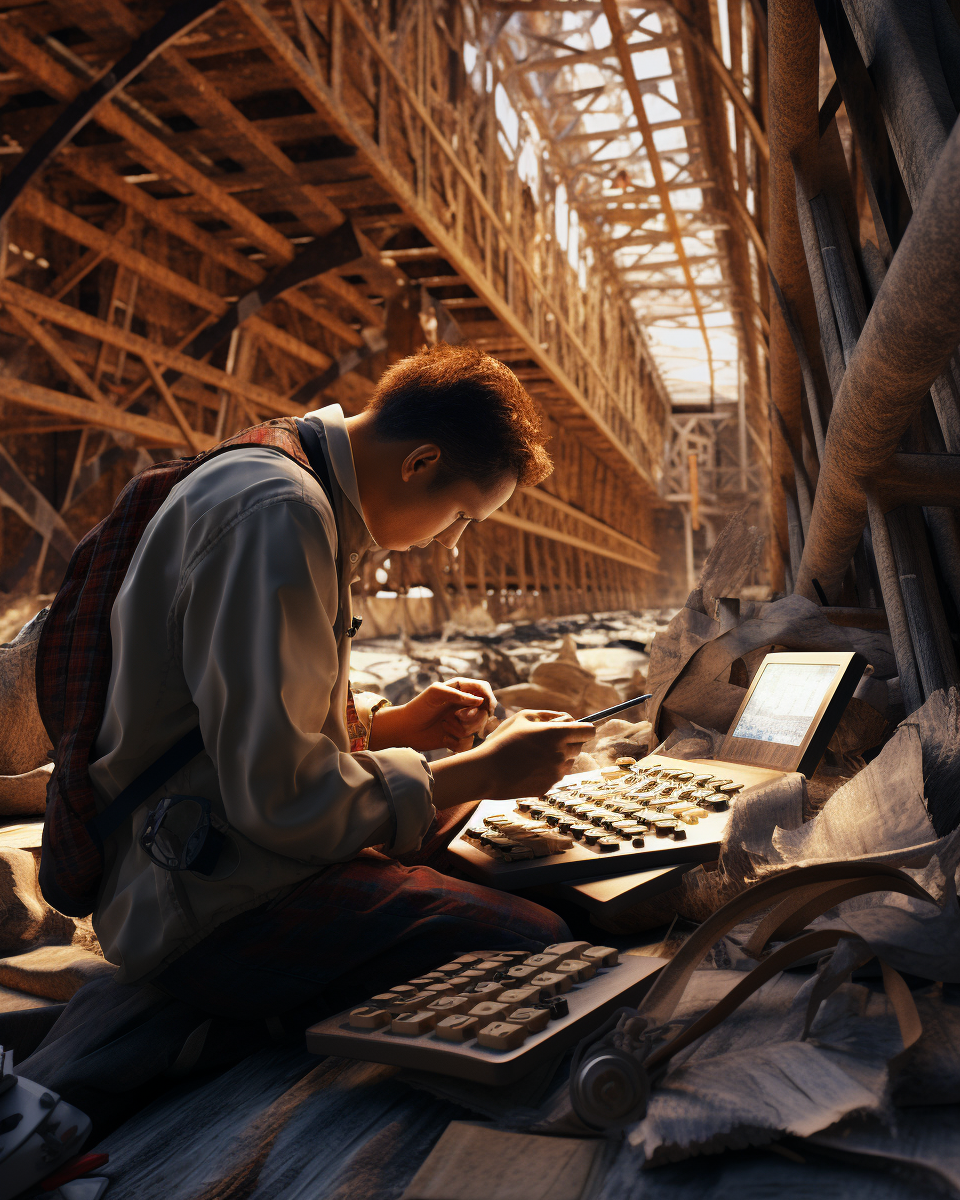 Engineer calculating under a bridge