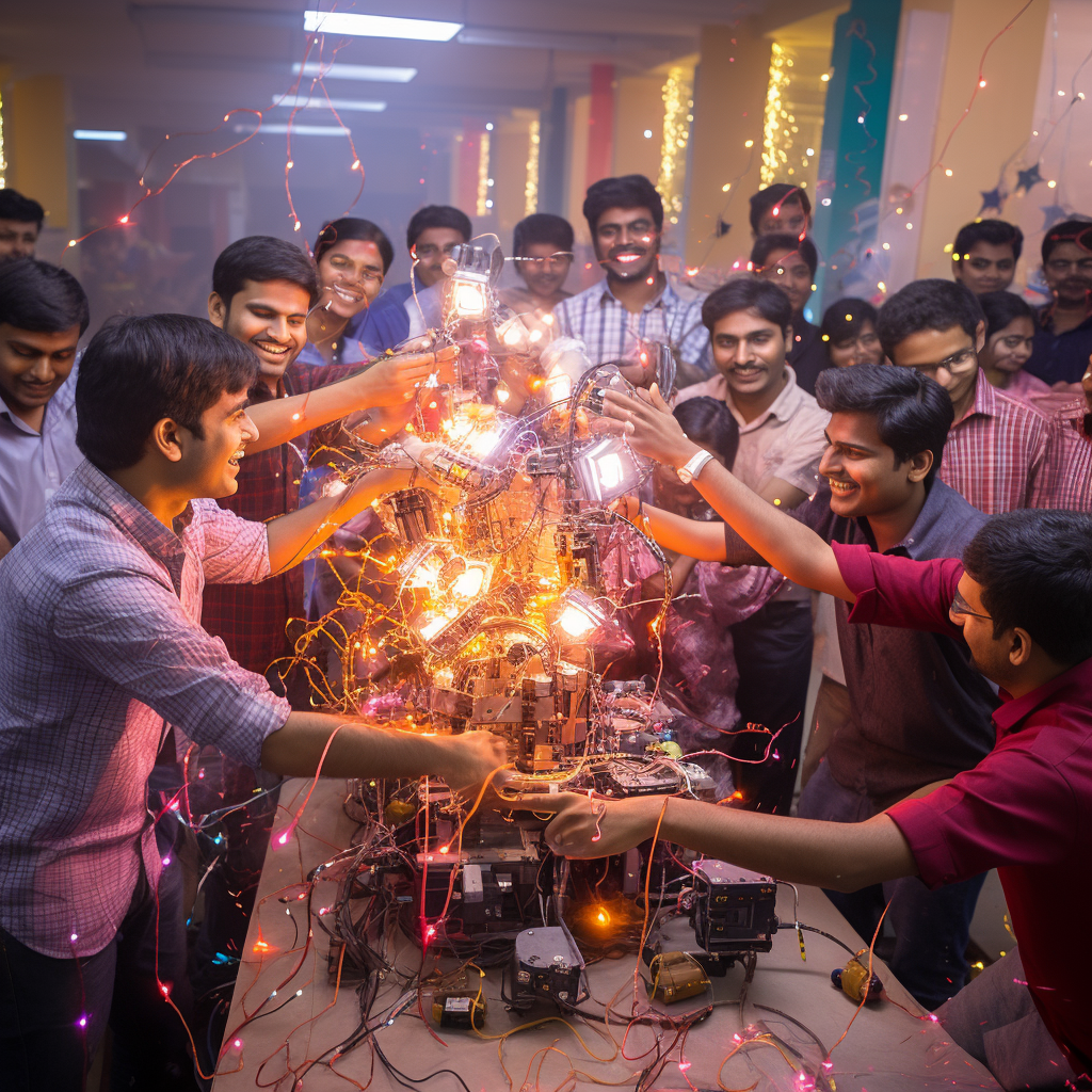 Students celebrating Diwali with robots' assistance