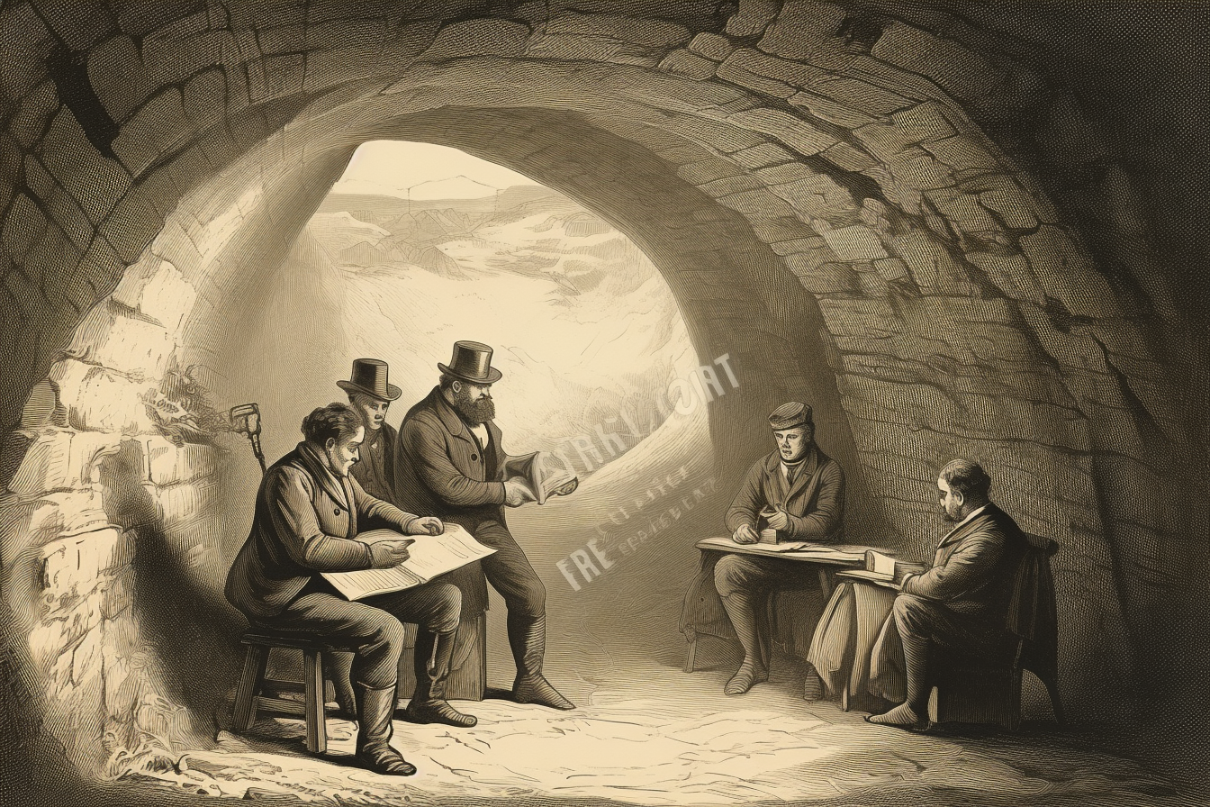 Engineers planning tunnel in 1800 vintage image