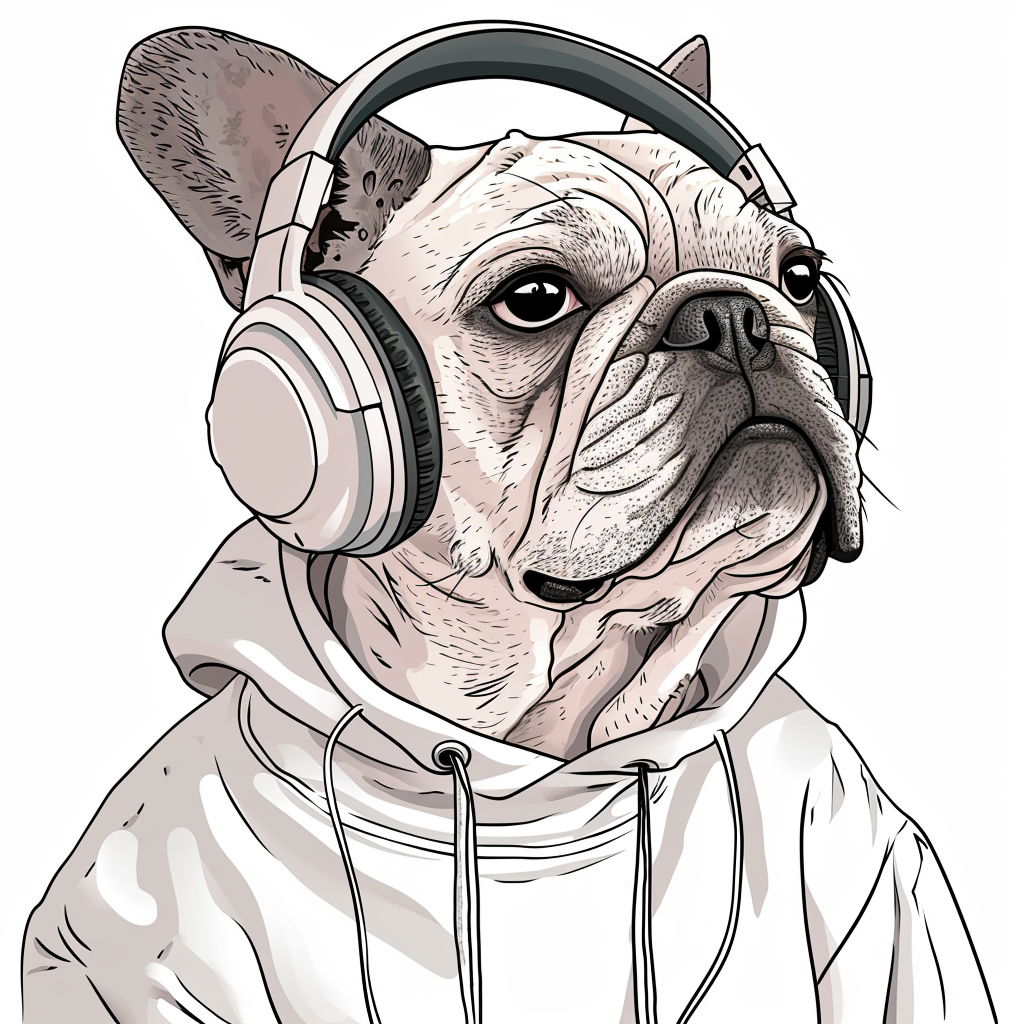 English Bulldog Wearing Sweatshirt and Headphones