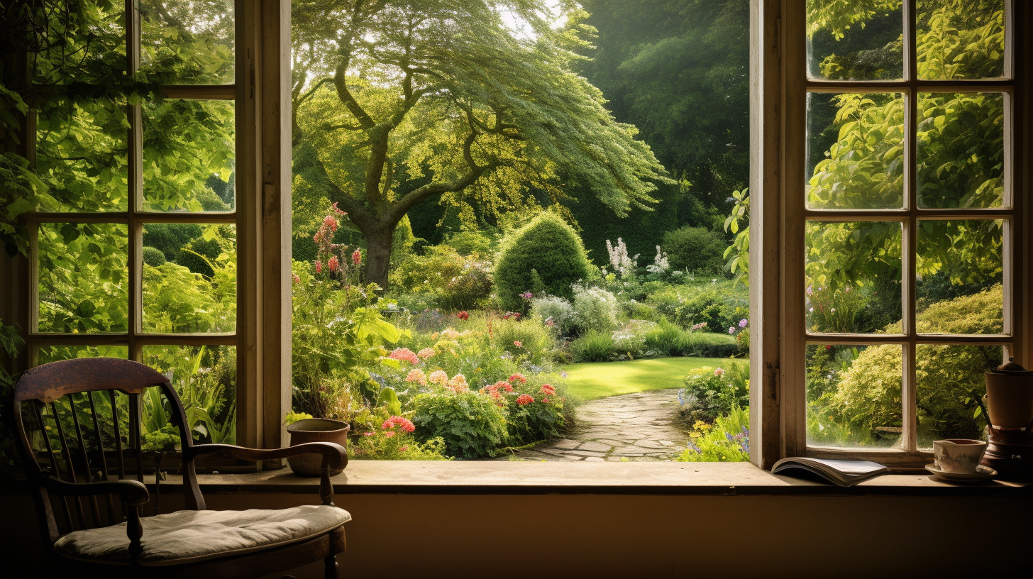 View of Beautiful English Garden Cottage Window