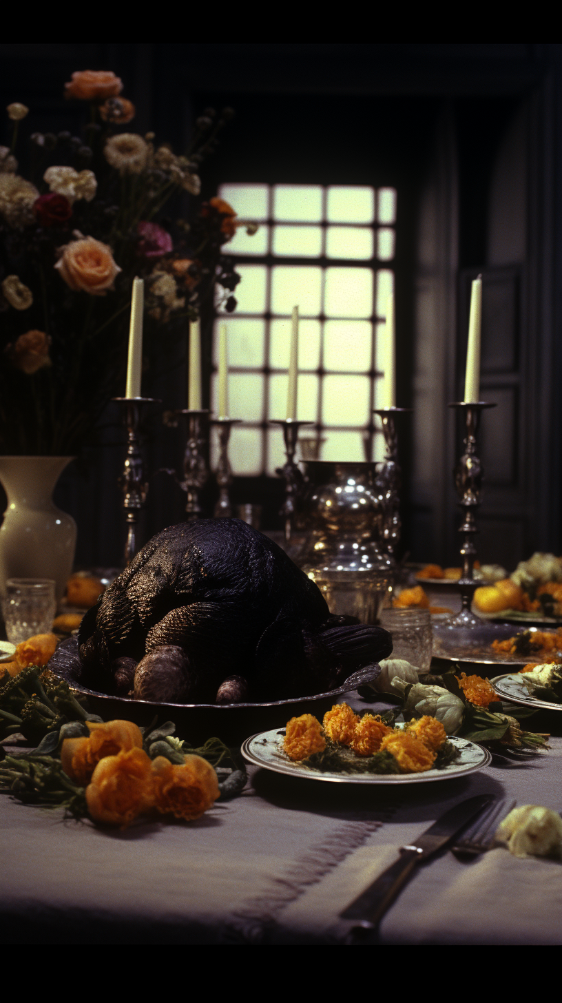 Turkey and Flowers on English Gentry Dinner Table