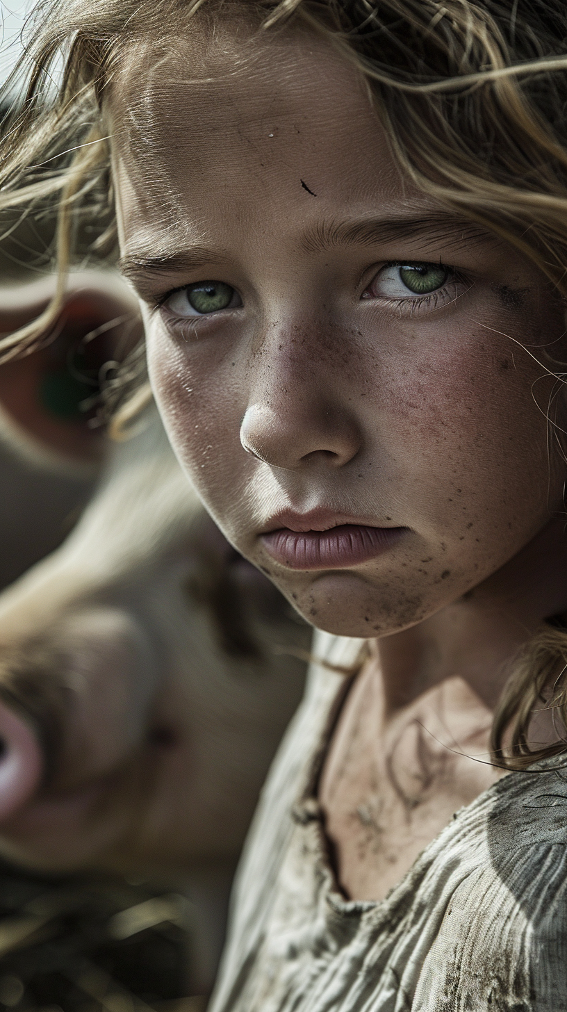 English girl with green eyes being scolded on pig farm