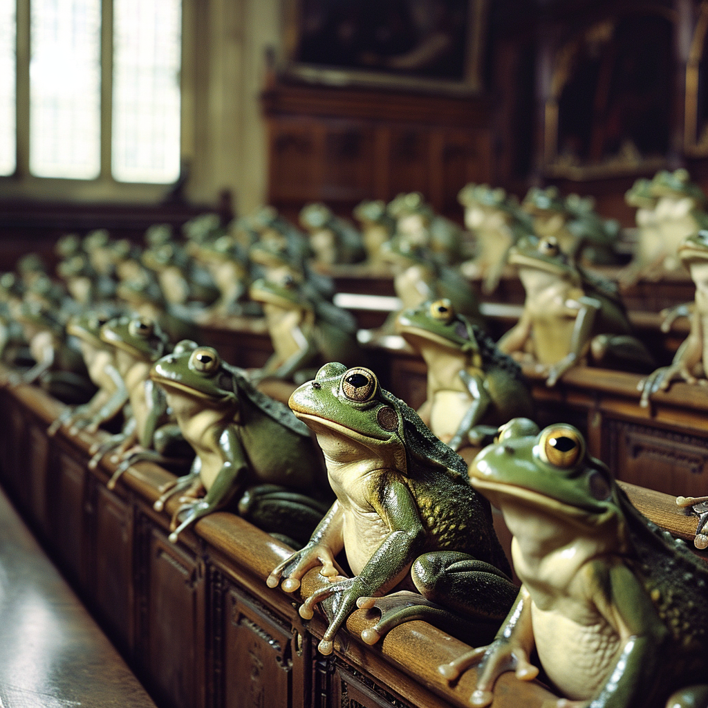 Frogs resembling Kermit taking over English Parliament