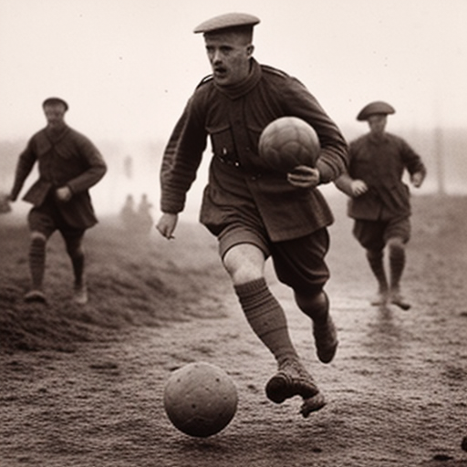 English soldiers playing soccer during World War