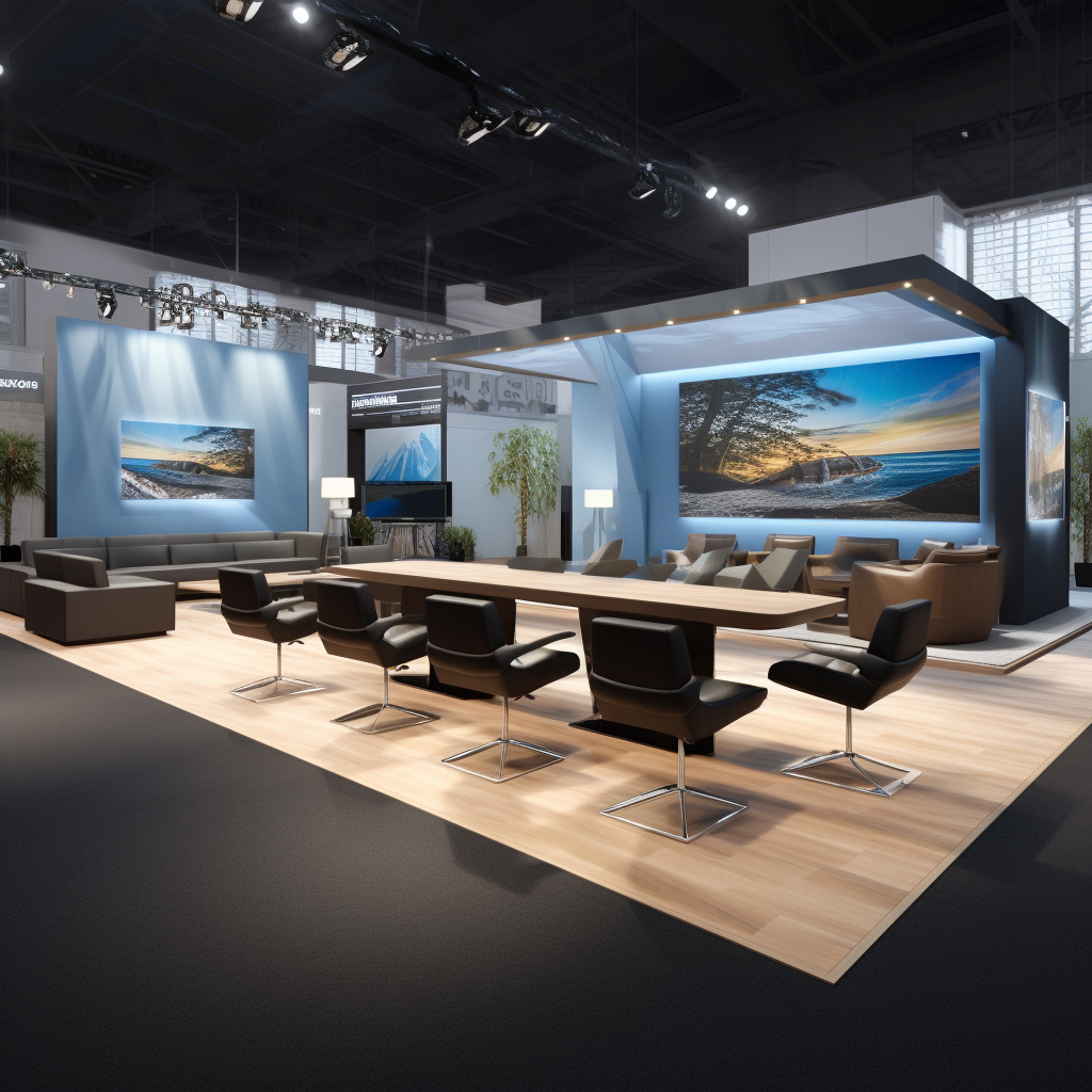 Detailed tradeshow booth with TV screens and tables