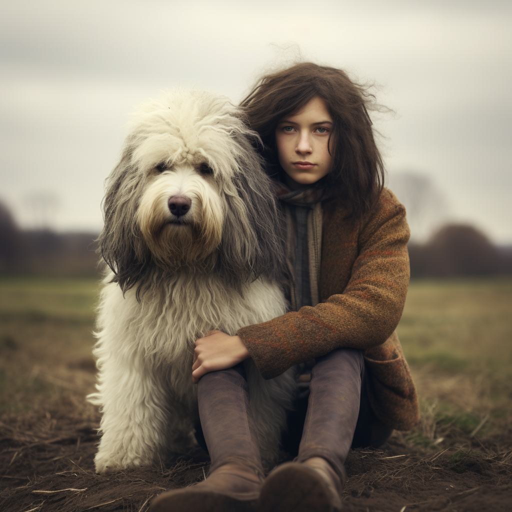 English sheepdog transforming into a human teen