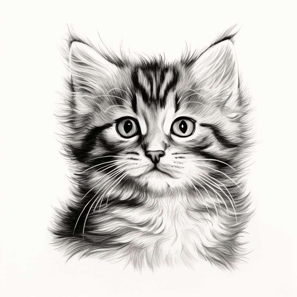 Engraving of Cute Cat on White Background