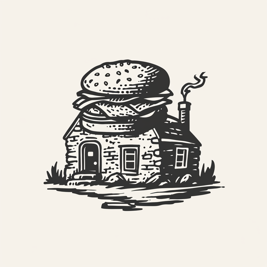 Engraving-style black and white logo with stone building and sandwich