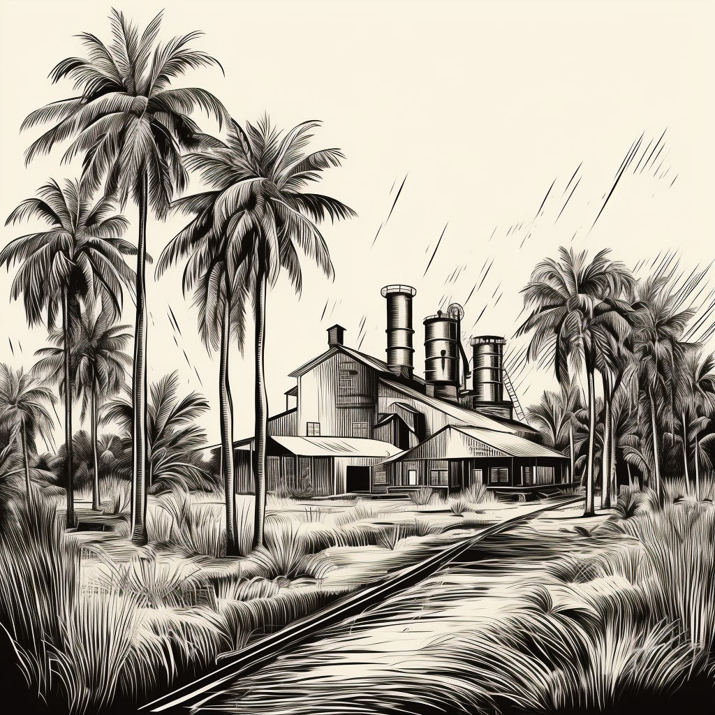 Engraving of sugar cane plantation with palm trees