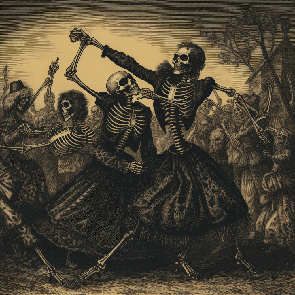 Engraving style witches dancing with skeletons