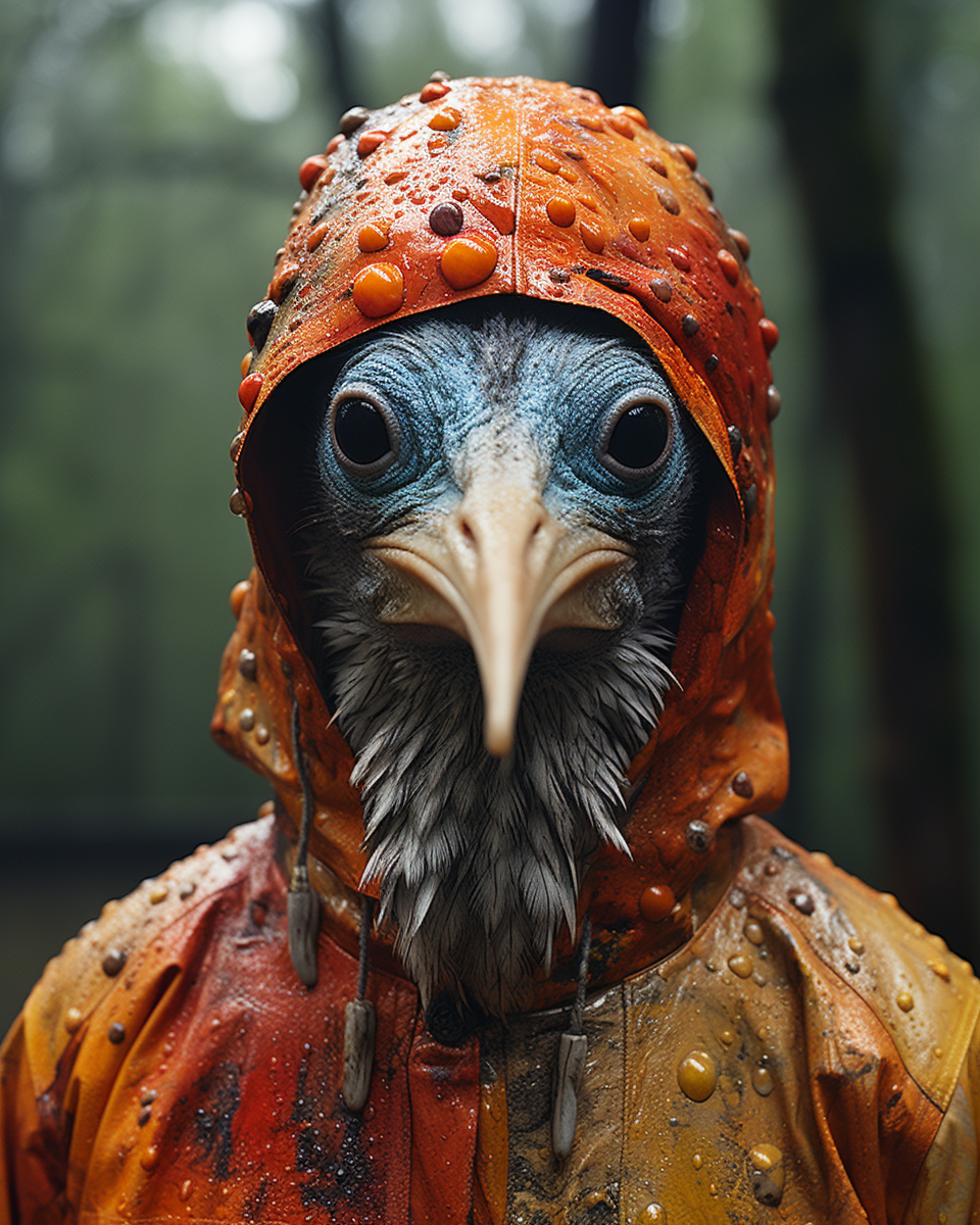 Enigmatic bird creature wearing a hoodie in a forest clearing