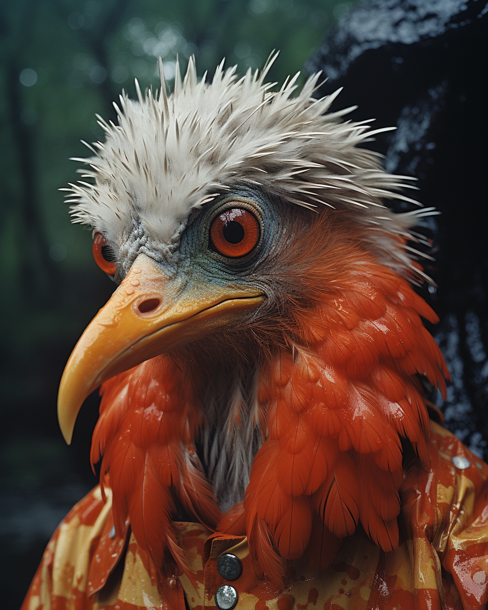 Psychedelic bird creature wearing hoodie in forest clearing