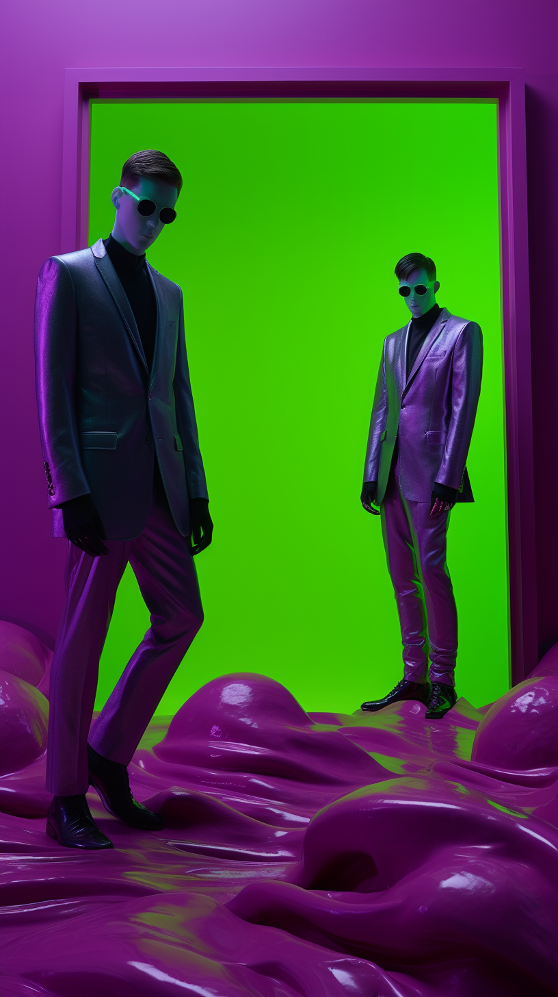 Two mysterious purple aliens against vibrant green backdrop