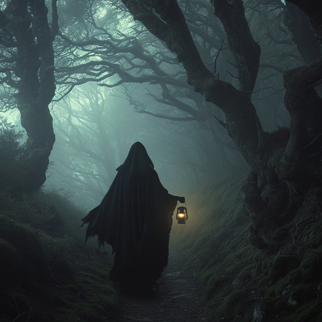 Enigmatic woman in black cloak with lantern glow