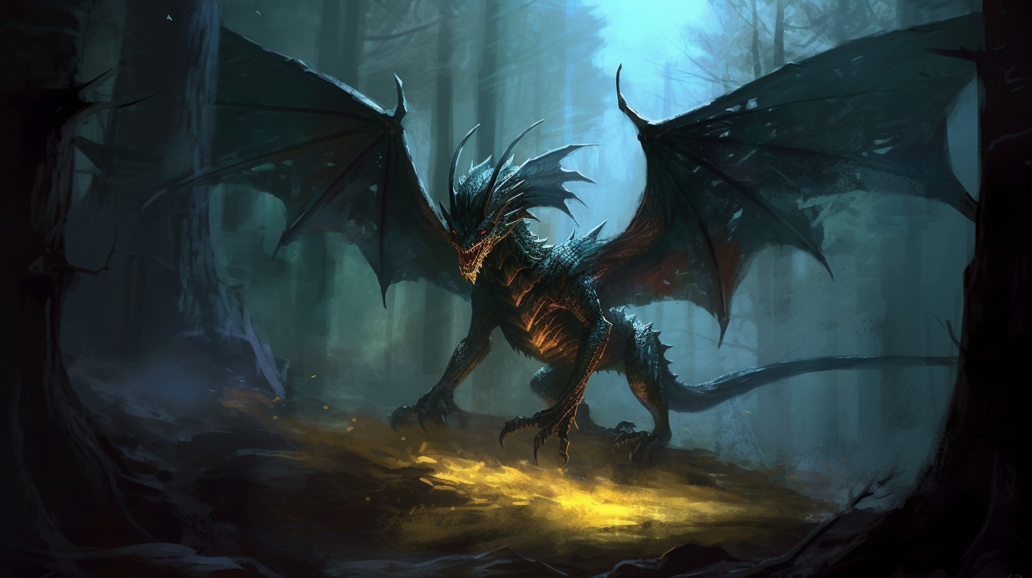 Enigmatic wyvern in dark forest