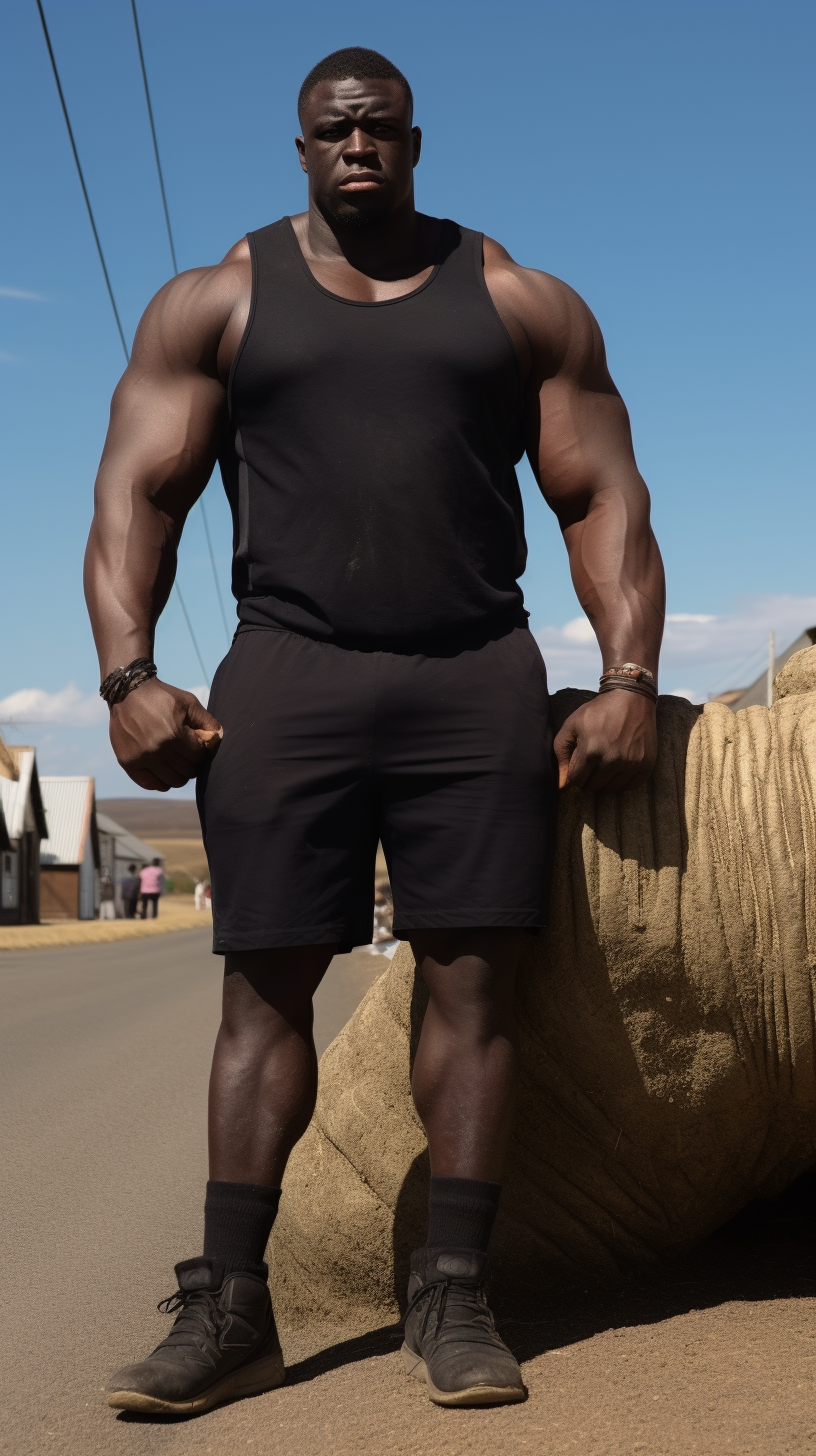 Enormous black African giant bodybuilder working in wheat farm